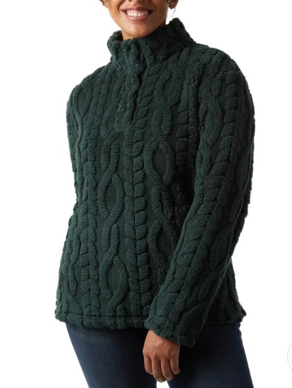 32 Degrees Plush Cable Sherpa Pullover Hoodie in Dark Green Womens Size Small